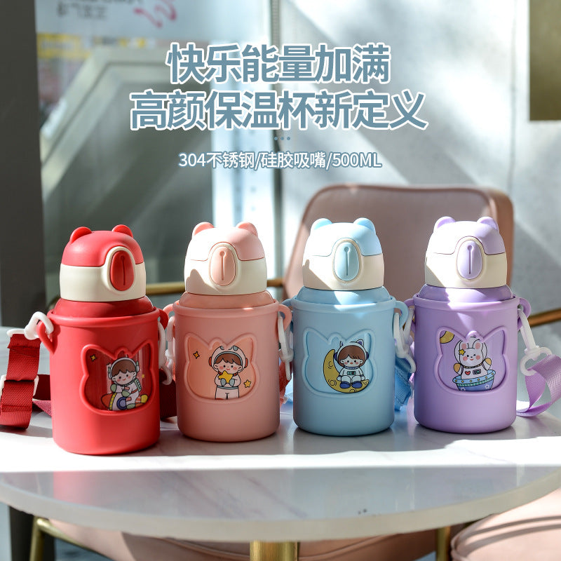 Kids' Cartoon Stainless Steel Insulated Straw Bottle with Silicone Sleeve, Double-Layer Vacuum Flask