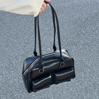Korean Style Oiled Leather Bowling Bag Multi-Pocket Shoulder Tote