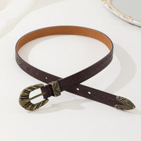 Women's Vintage Embossed Leather Belt with Carved Buckle, Adjustable Multi-Hole Design