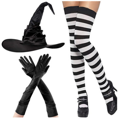 Halloween Witch Costume Set with Hat, Striped Socks, and Satin Gloves