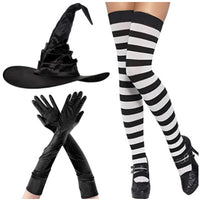 Halloween Witch Costume Set with Hat, Striped Socks, and Satin Gloves