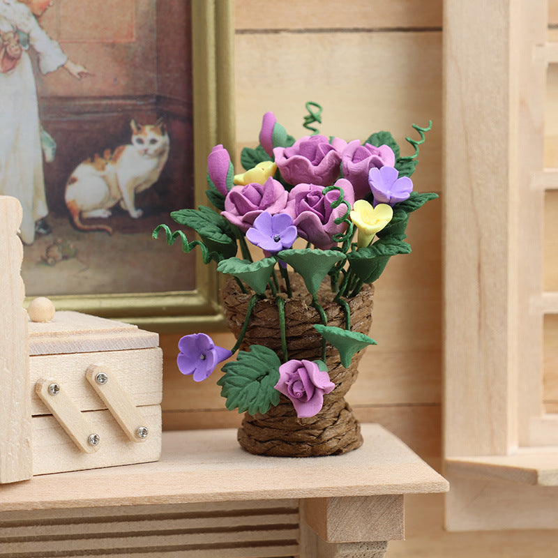 1:12 Miniature Dollhouse Garden Balcony Resin Flower Ornament Woven Purple Rose