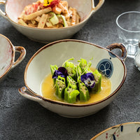 Japanese Style Ceramic Soup Noodle Bowl with Double Handles, Vintage Dessert Bowl