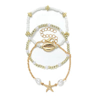 Fashion Ocean Style Alloy Shell Starfish Pendant Pearl Waterproof Waxed Cord Braided Elastic Women's Bracelet 3-Piece Set