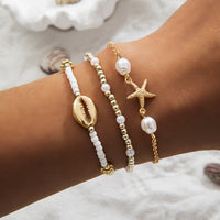 Fashion Ocean Style Alloy Shell Starfish Pendant Pearl Waterproof Waxed Cord Braided Elastic Women's Bracelet 3-Piece Set
