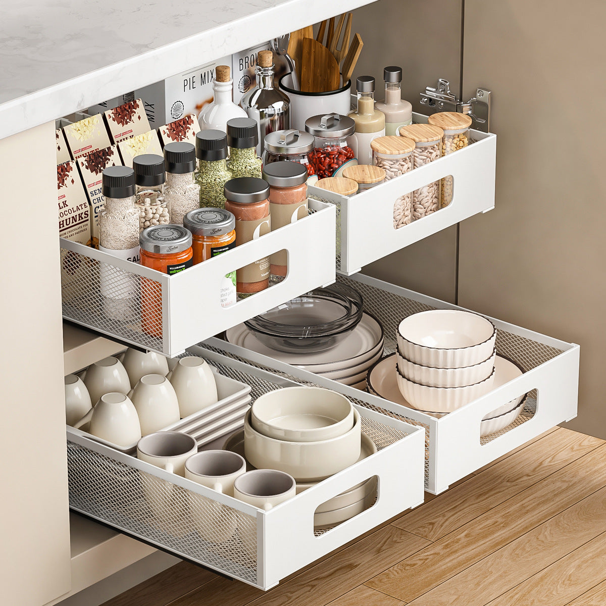 Multi-layer Pull-Out Storage Rack for Kitchen Seasoning Bottles and Snacks