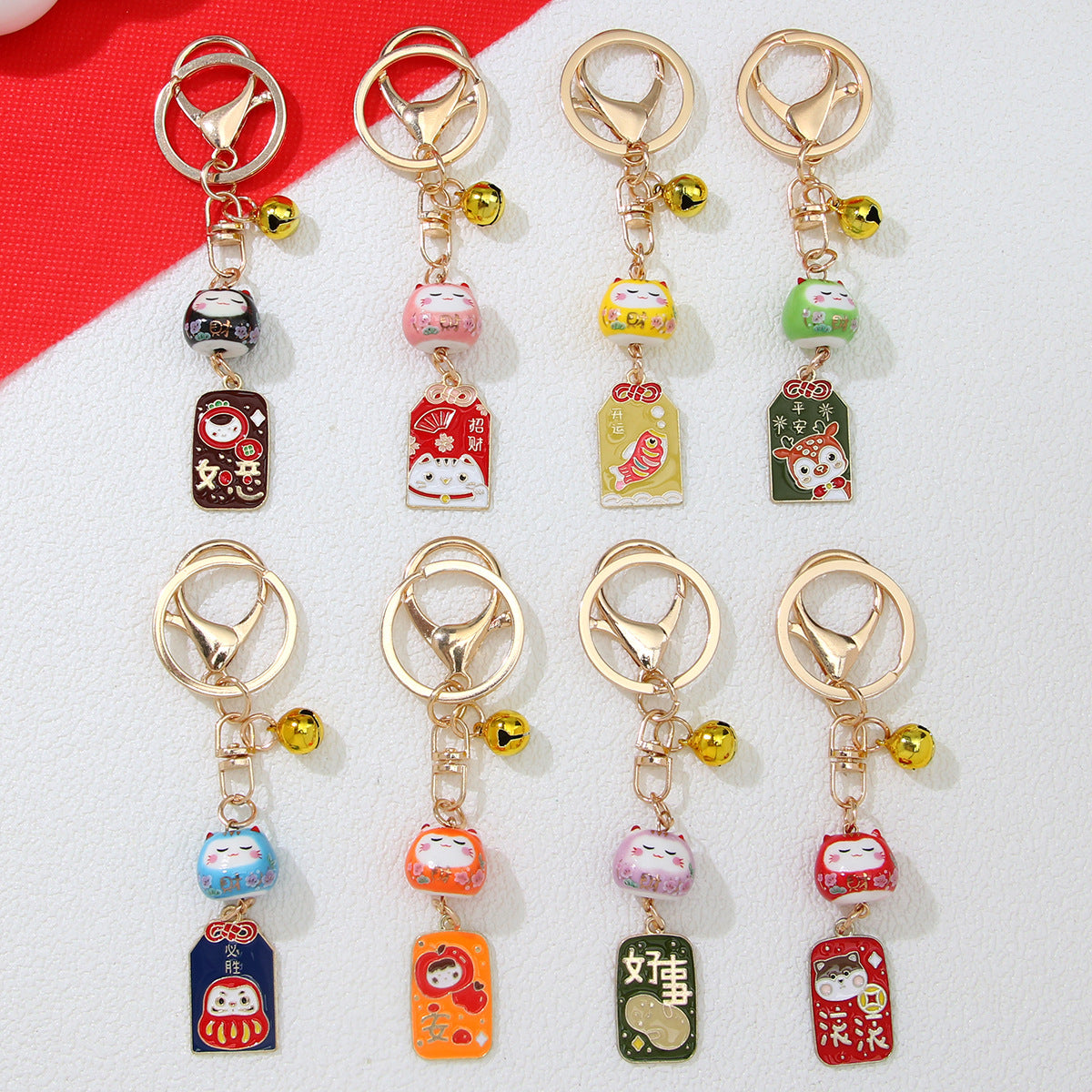 Lucky Cat Ceramic Keychain with Blessing Slogans for Bags and Keys