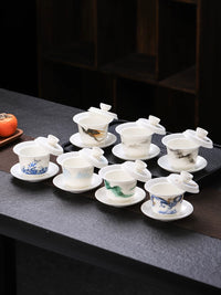 Mutton Fat Jade Porcelain 360° Rotating Gaiwan Tea Bowl with Integrated Filter