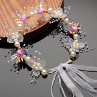 Girls' Princess Crown Headband with Pearl Flowers and Ribbons for Parties and Costumes