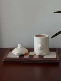 SilentWind Vintage Shell Ceramic Jar with Lid for Cotton Swabs, Toothpicks, Matches