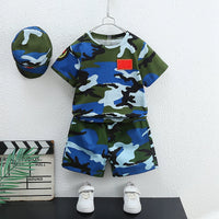 Kids Camouflage Summer Outfit Set for Boys and Girls - Short Sleeve Top, Shorts/Skirt, and Hat