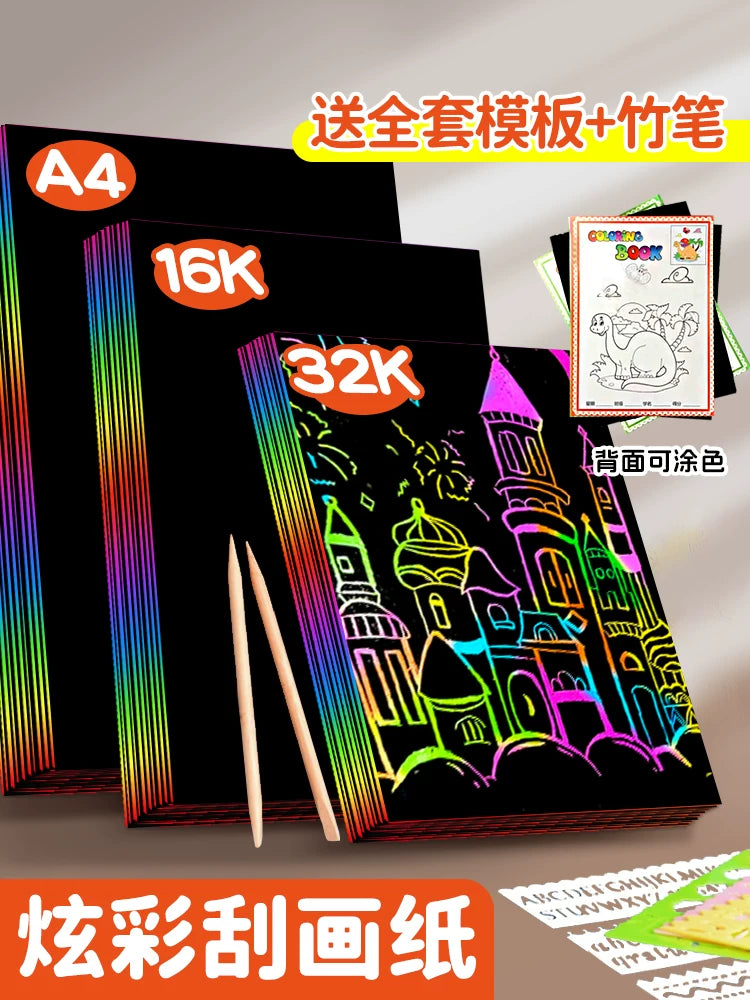Scratch Art Paper Set for Kids, A4/32K Black Scratch-off Paper with Bamboo Pens & Stencils