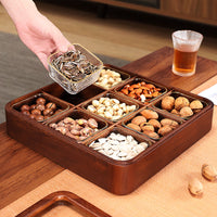 Walnut Wood 9-Compartment Snack and Candy Box with Lid, New Chinese Style Dried Fruit and Nut Organizer