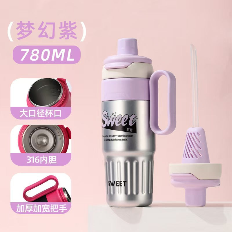 Large Capacity Insulated Water Bottle with Dual-Drink Lid and Scale Markings, Portable for Office and Car Use