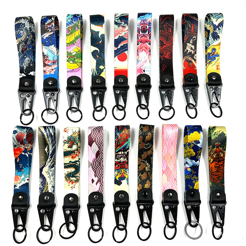 Japanese Ukiyo-e Wave Landscape Digital Print Keychain with Lobster Clasp for Bags