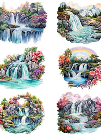 Watercolor Garden Pond Waterfall Landscape Cartoon Stickers for Journaling