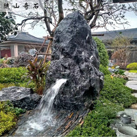 Black Mountain Stone Water Basin Irregular Flowing Stone Sculpture for Dry Landscape Gardens