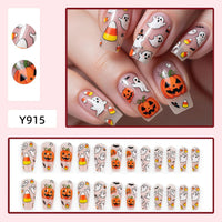 Halloween Medium-Long Press-On Nails with Pumpkin Ghost Candy Corn Designs, 24pcs Detachable Set