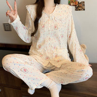 Cute Puppy Cloud Cotton Pajama Set for Women, Long Sleeve with Doll Collar and Lace Trim