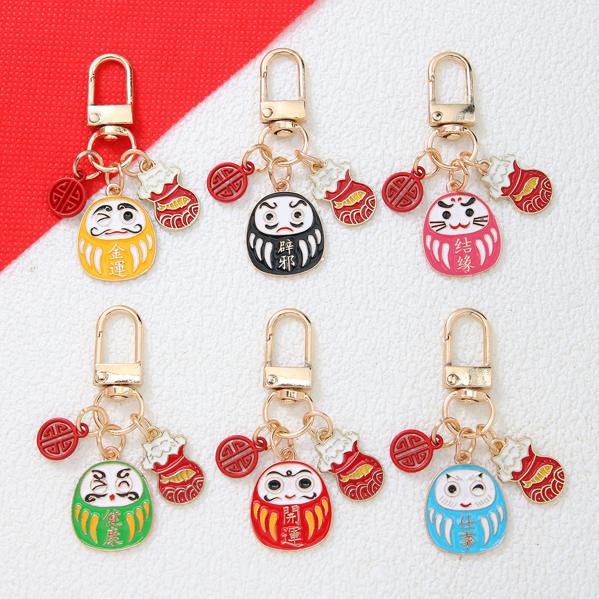 Japanese Daruma Doll Mount Fuji Alloy Keychain for Bags and Cars
