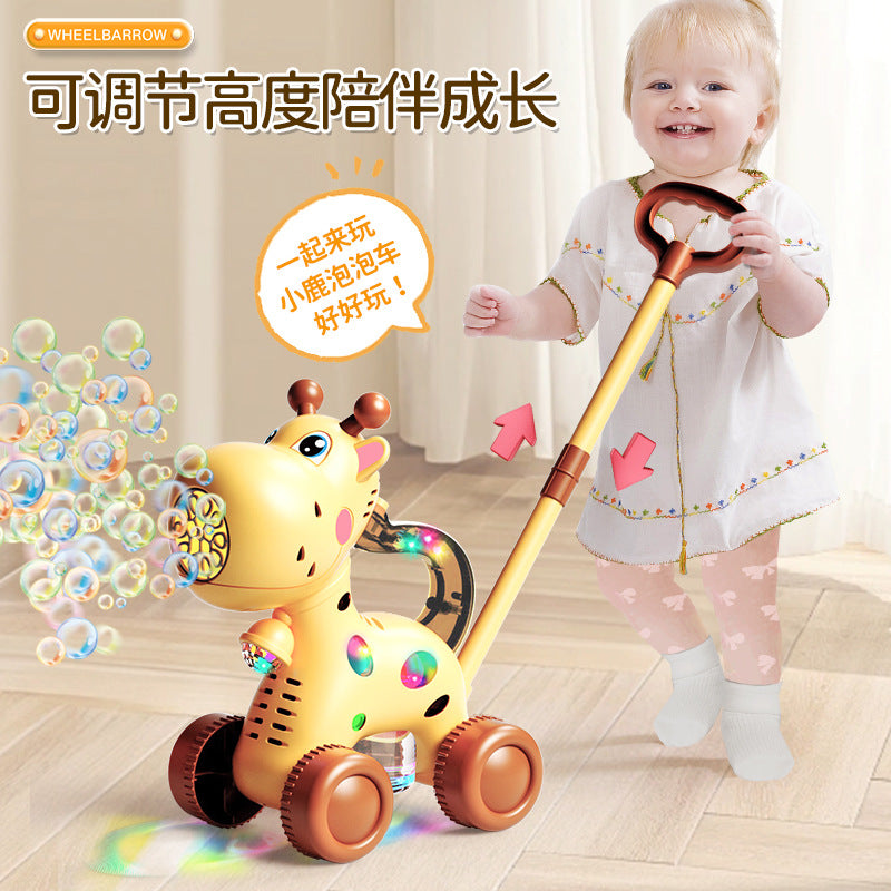 Kids' Push-Along Bubble Machine Toy with Lights and Music - Deer or Train Design