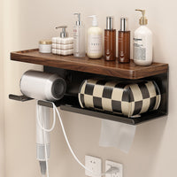 Walnut Wall-Mounted Hair Dryer Holder with Storage Shelf and Tissue Dispenser for Bathroom
