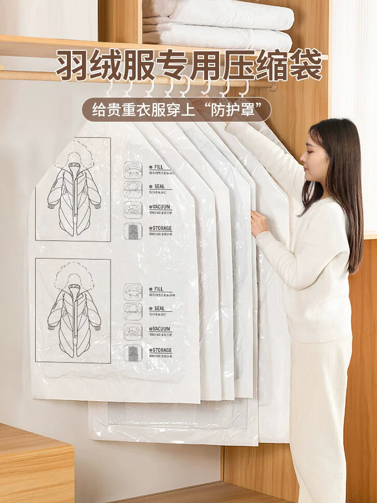 Vacuum Compression Hanging Storage Bags for Down Jackets and Clothing