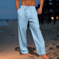 Men's Linen Beach Pants with Front Pockets, Solid Color, Breathable Casual Trousers for Summer Vacation