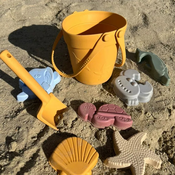 Silicone Beach Sand Toy Set with Bucket, Shovel, and Ocean Animal Molds for Sensory Play