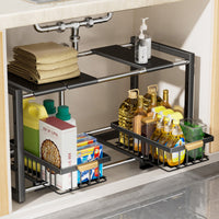 Under-Sink Pull-Out Storage Rack for Kitchen Cabinets, Expandable 2-Tier Organizer for Pots and Pans