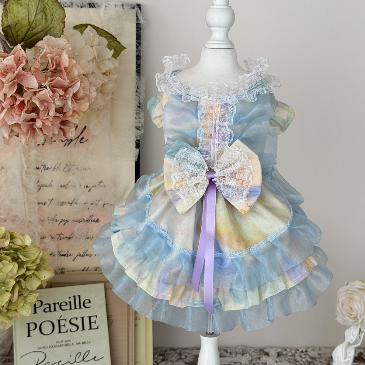 Pet Princess Dress Morandi Ombre Floral Puffy Skirt for Small Dogs and Cats