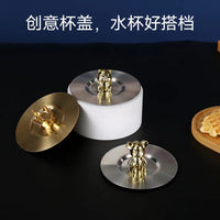 Stainless Steel Mug Lid with Decorative Crown or Animal Handle, Universal Dustproof Round Ceramic Cup Cover