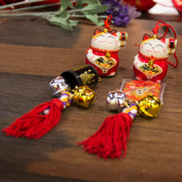Lucky Cat Ceramic Car Ornament with Bell and Amulet Bag