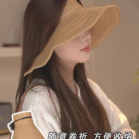 Japanese Style Straw Wide Brim Sun Visor for Women, Rollable Beach Vacation Sun Hat