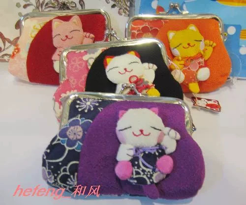 Japanese Lucky Cat Crepe Fabric Coin Purse with Clasp Closure (Set of 5)