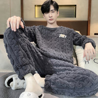 Men's Coral Fleece Pajama Set Thickened Warm Flannel Loungewear for Autumn Winter