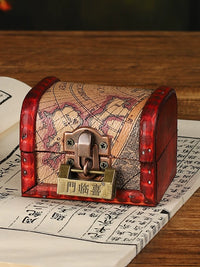 Miniature Vintage Map Wooden Treasure Chest with Lock for Jewelry and Collectibles