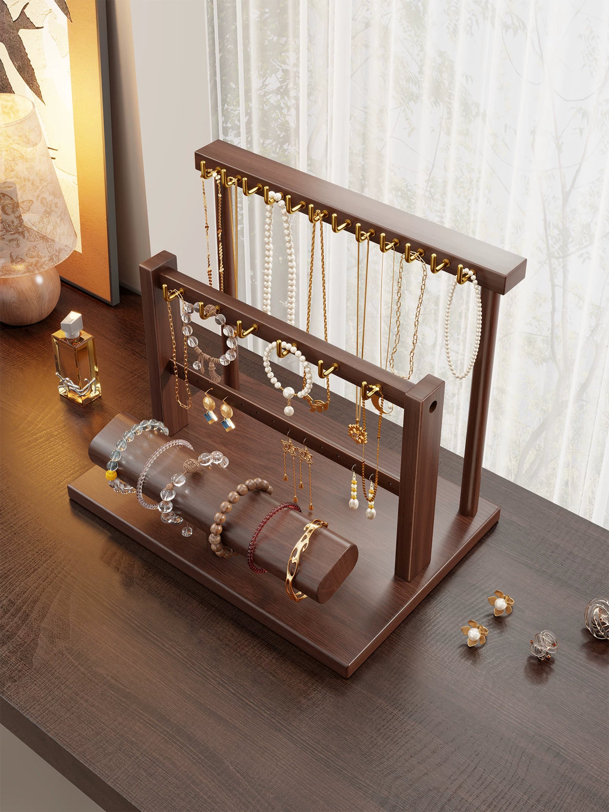 Wooden Jewelry Display Stand for Bracelets, Necklaces, Watches, and Keys - Entryway Organizer