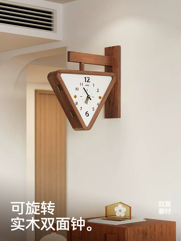 Mishida Solid Wood Double-Sided Corner Wall Clock Silent Creative Rotating Triangle Clock for Living Room