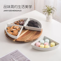 Rotating Wooden Serving Platter with Ceramic Compartments for Snacks and Candies