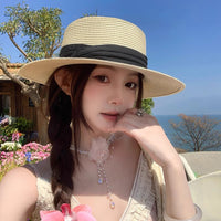 Women's French Flat Top Wide Brim Straw Fedora for Summer Beach & Garden Sun Protection