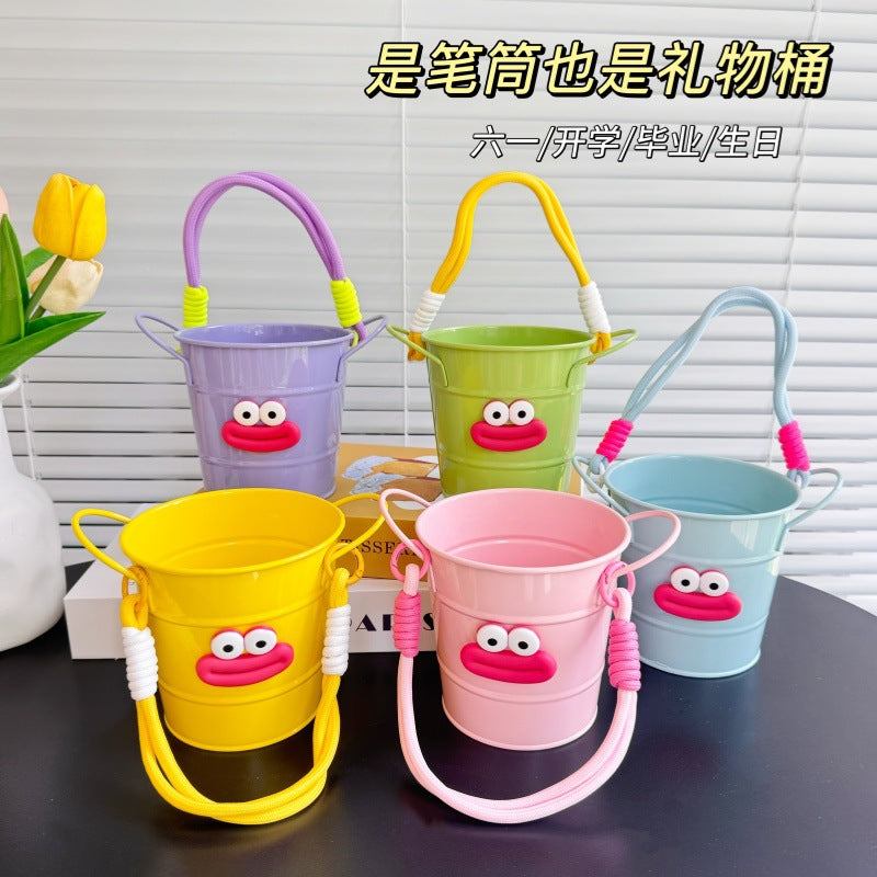 Large Capacity Iron Pen Holder with Handle and Decorative Sticker for Students