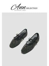 ANN French Rhinestone Mesh Ballet Flats with Bowknot Soft Sole Square Toe Mary Jane Shoes