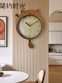 Lucky Cat Solid Wood Wall Clock with Silent Movement for Living Room Decor