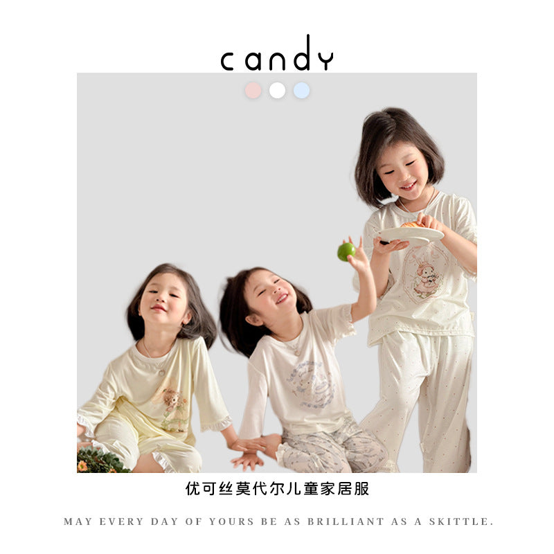 Bamboo Fiber Modal Kids Pajama Set 3/4 Sleeve & Pants Korean Style Cute Sleepwear