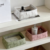 Minimalist Faux Leather Woven Storage Basket for Keys, Cosmetics, and Desktop Organization