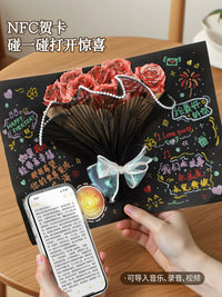 Chinese Valentine's Day Handmade Bouquet 3D Folding Birthday Greeting Card with NFC Music & Handwritten Letter, High-End Gift for Friends