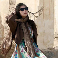 Bohemian Linen Blend Pleated Scarf for Women - Gradient Color Headscarf Shawl