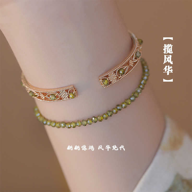 Natural Peridot Crystal Bracelet for Women, New Chinese Style Stackable Bangle, Trendy Lightweight Luxury Gift
