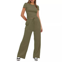 Women's Solid Color Pleated Short Sleeve Top and High Waist Wide Leg Pants Set